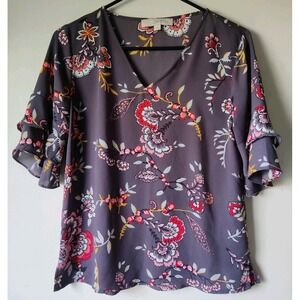 LOFT Women's Gray/Red Floral Blouse V-neck Short Flared Flutter Sleeve Size XS